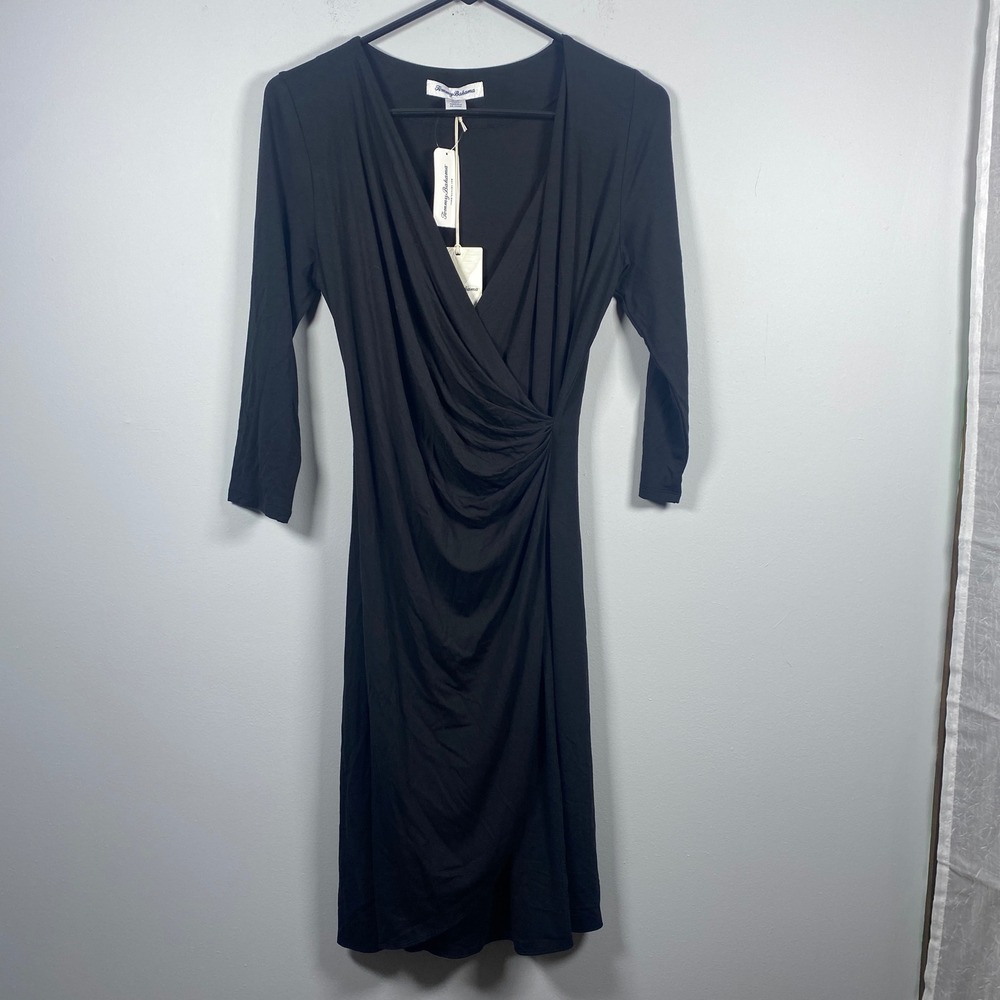 NWT Tommy Bahama Tambour Shirred Dress Womens Small Black 3/4 Sleeve Faux Wrap